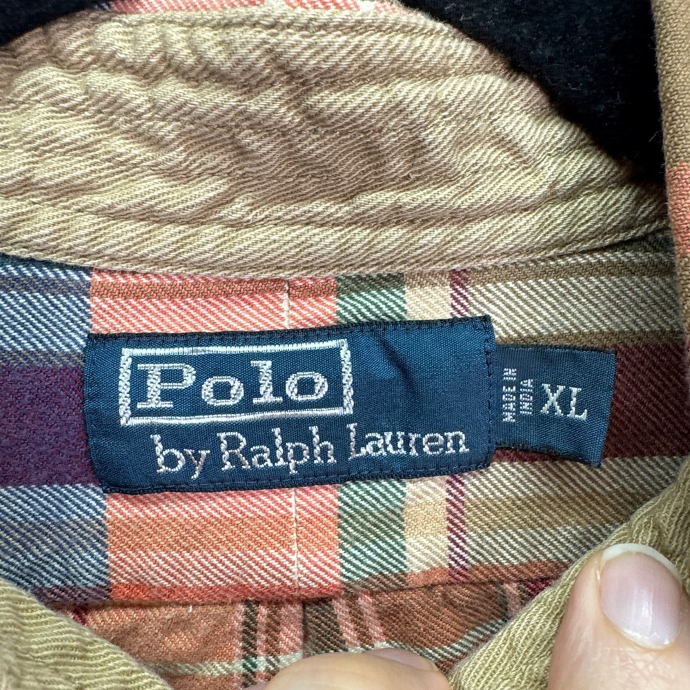 VTG Polo Ralph Lauren Shirt Mens XL Orange Brown Plaid Flannel Elbow Patches 90s - Picture 3 of 9